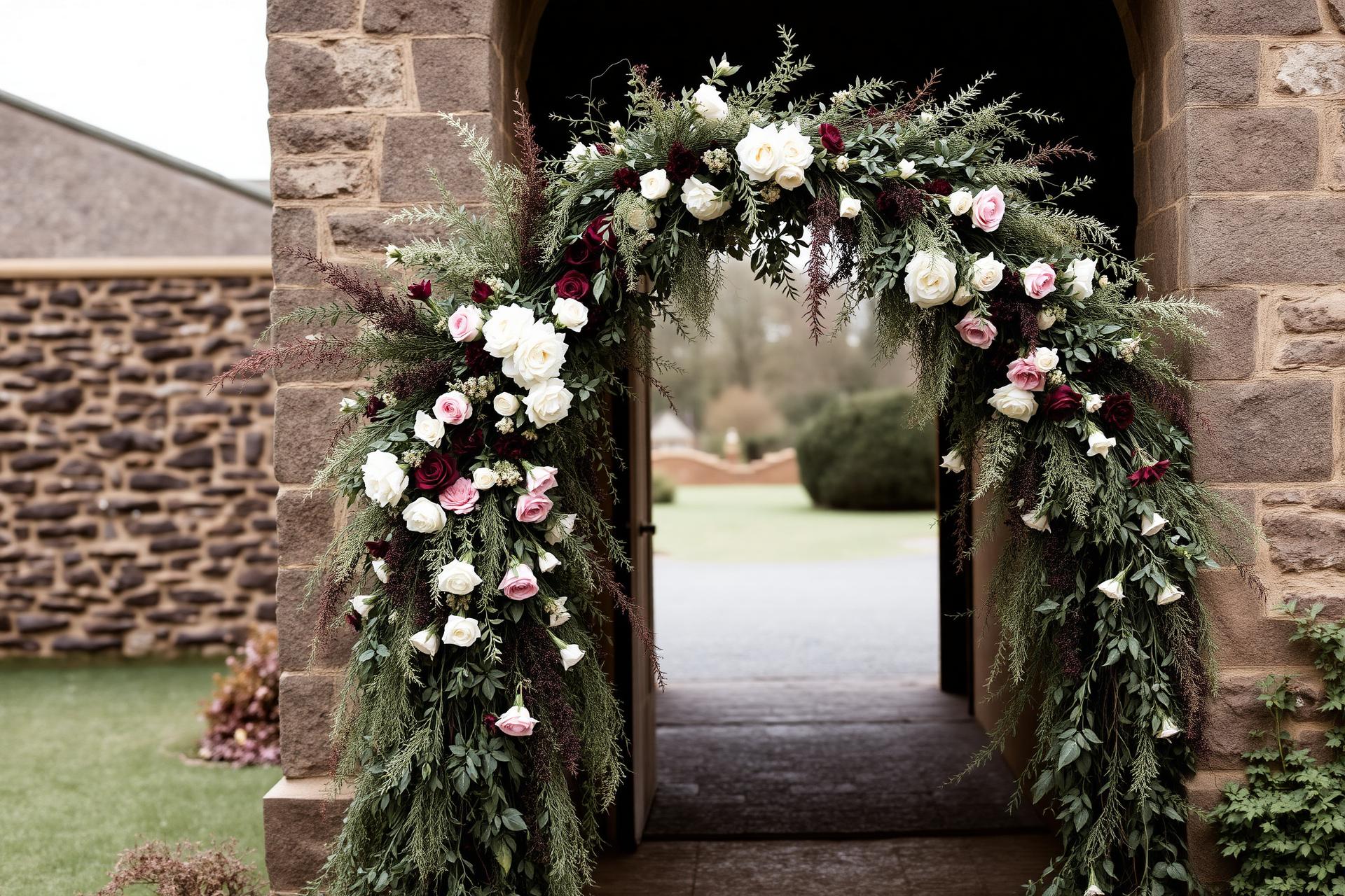 Romantic floral arch at a Welsh wedding venue
